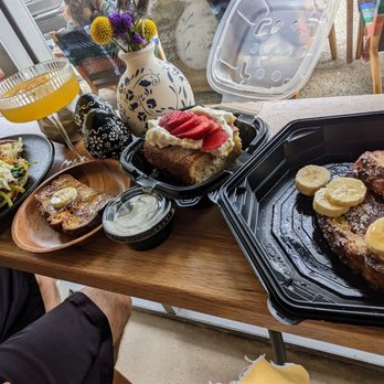 Chuponcito - French banana toast, 3 leches and eggs Benedict, with Mimosas and Banana Flan au lait coffee - Mexican Near Me - Aliso Viejo, California