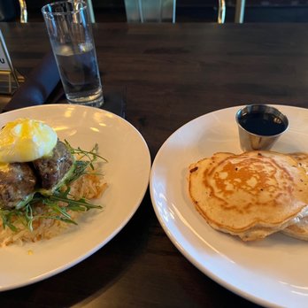 The Gramercy - Steak Benedict and side of pancakes - Lounges Near Me - Lakeway, Texas The Gramercy - Steak Benedict and side of pancakes - Lounges Near Me - Lakeway, Texas