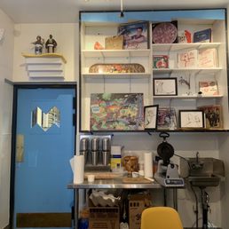 a kitchen with a blue door