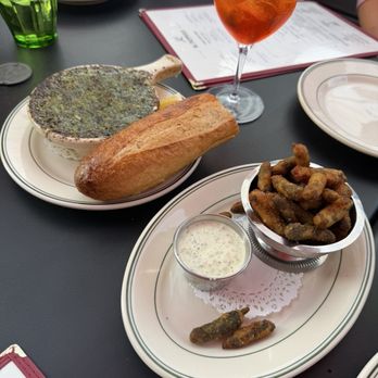 M Peppers - Right:  ESCARGOT French snails, garlic parsley butter, Haymarket baguette  Left:  FRIED CORNICHONS F'ranch - French Near Me - Louisville, Kentucky