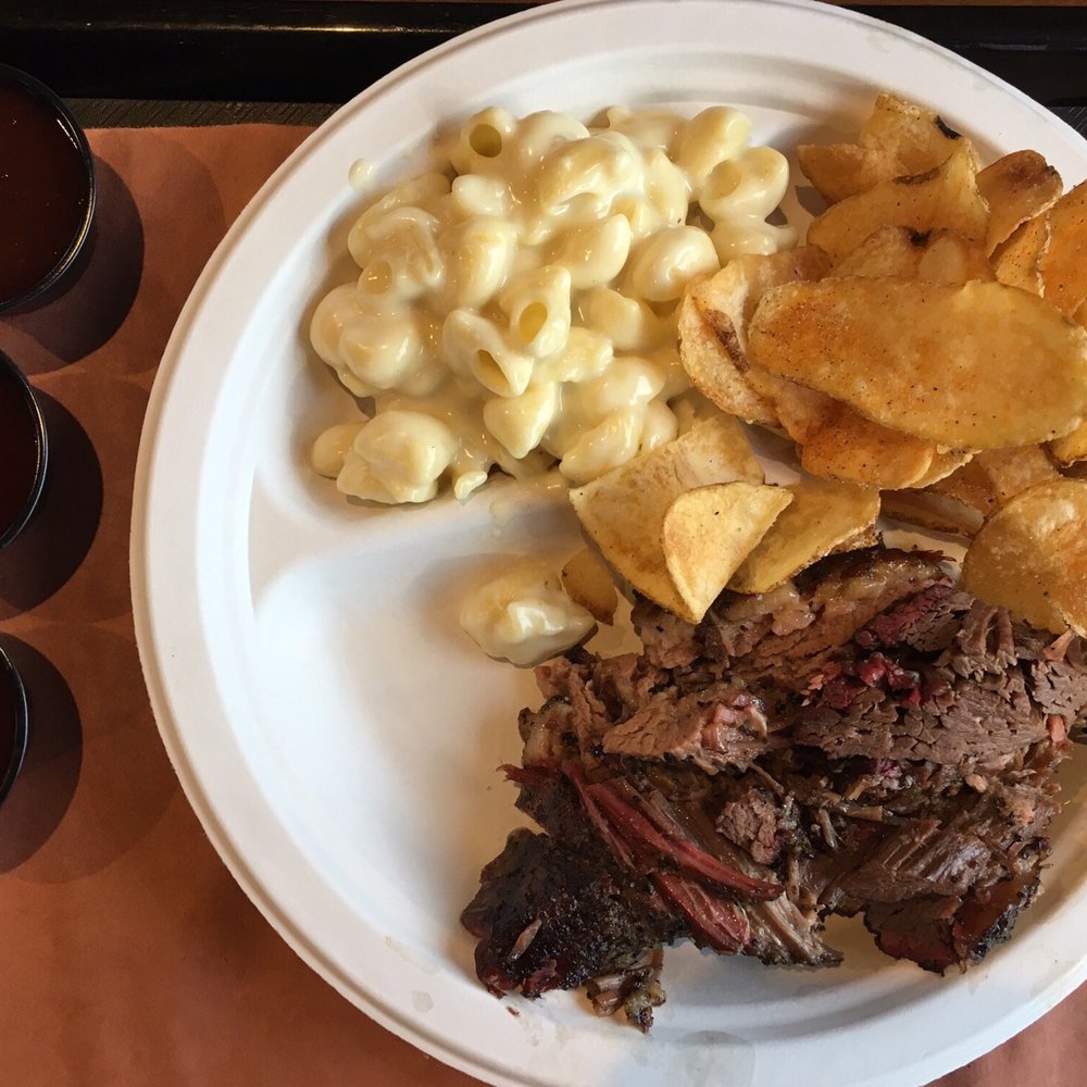 Beef Butter BBQ - Brisket, Mac n cheese and homemade kettle chips. BBQ sauce on the side (from mild to hot: Sweet Amy, Spicy Andrea and Ryno) - Barbeque Near Me - Madison, Wisconsin Beef Butter BBQ - Brisket, Mac n cheese and homemade kettle chips. BBQ sauce on the side (from mild to hot: Sweet Amy, Spicy Andrea and Ryno) - Barbeque Near Me - Madison, Wisconsin