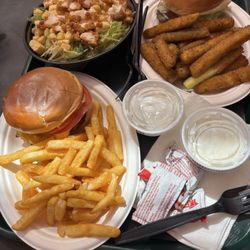 Tom's Farms Old Fashioned Hamburgers - Cheeseburger fries, southwest burger with zucchini's fries and chicken Caesar salad