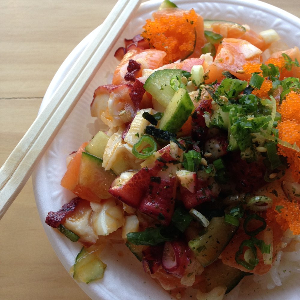 PokiNometry - white rice bowl with salmon and octopus - Japanese Near Me - Anaheim, California