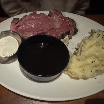 J. Alexander's Restaurant - Prime Rib medium rare with smashed potatoes, au jus and horseradish sauce! Nom nom - American Near Me - Overland Park, Kansas