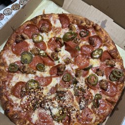 medium pepperoni, jalapeños and sausage pizza. $12.00 medium pepperoni, jalapeños and sausage pizza. $12.00