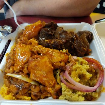 D'Mangu - Chicken wings, goat stew, rice beans and mangú. - Dominican Near Me - Rochester, New York