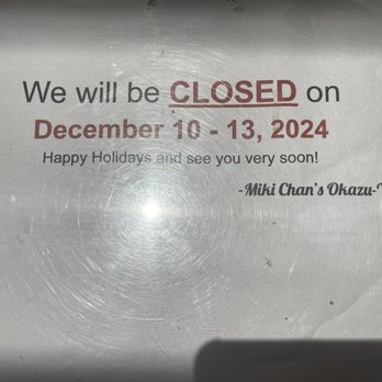 Miki Chan's Okazu Ya - Close December 10-13, 2024 - Chinese Near Me - Montebello, California Miki Chan's Okazu Ya - Close December 10-13, 2024 - Chinese Near Me - Montebello, California