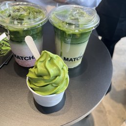 Strawberry Matcha latte, White chocolate pistachio matcha latte, Matcha soft serve