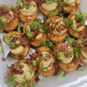 Any 'Wich Way - Deep Fried Cajun Devilled Eggs  Deep fried egg whites are filled with a creamy filling, topped with bacon and green onions - Food Trucks Near Me