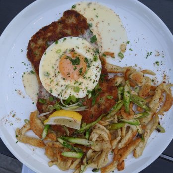 The Crown Tavern - Veal schnitzel, fried egg, fried spaetzle, asparagus, lemon beurre fondue - Bars Near Me - Manchester, New Hampshire The Crown Tavern - Veal schnitzel, fried egg, fried spaetzle, asparagus, lemon beurre fondue - Bars Near Me - Manchester, New Hampshire