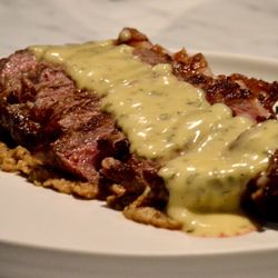 Good Omen - Ny Strip with rainbow chard, smoked onion purée + brown butter bernaise