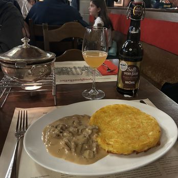 Zeughauskeller - #46 veal and mushrooms with rosti. Classic Swiss - Swiss Food Near Me - Zürich, ZH Zeughauskeller - #46 veal and mushrooms with rosti. Classic Swiss - Swiss Food Near Me - Zürich, ZH