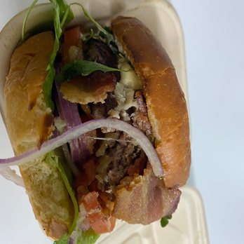 Split - a hamburger with onions, lettuce, and bacon - Breakfast & Brunch Near Me - San Francisco, California