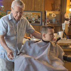Pisgah Barber Shop - Ken Warren, the last barber in Papertown, cutting our boys hair...