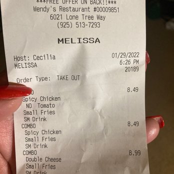 Wendy's - This is my food receipt showing that I was actually in the store - Burgers Near Me - Brentwood, California Wendy's - This is my food receipt showing that I was actually in the store - Burgers Near Me - Brentwood, California