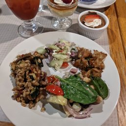 Farro, grilled veggies salad. Cucumber,feta, kalmata and tomato salad. Chickpea antipasto salad. Balsamic bowtie salad with strawberry.