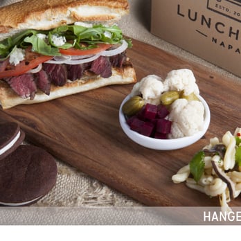 LunchBox Napa - Hanger Steak Sandwich with house-made pickles, salad and sandwich cookie - Food Delivery Services Near Me - Napa, California LunchBox Napa - Hanger Steak Sandwich with house-made pickles, salad and sandwich cookie - Food Delivery Services Near Me - Napa, California