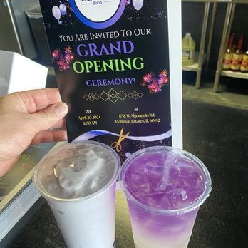 EternaTea Boba - Coconut Taro (left) & Butterfly Pea Lemonade (Right).  Grand Opening April 20th, 2024. - Bubble Tea Near Me - Hoffman Estates, Illinois