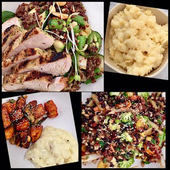 Flower Child - Let's see: Thai Quinoa with chicken add-on, superb gf mac & cheese, Forbidden Rice, Red chili sweet potatoes & garlic mashed. - Salad Near Me - Austin, Texas