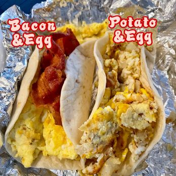 Taco Mana - One egg and bacon taco, one egg and potato taco- both on flour tortillas. - Food Trucks Near Me - Cedar Park, Texas
