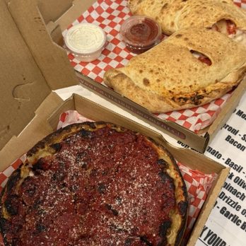 Hot Rod Willy's Pizza - Pep and sausage personal Chicago-style deep dish & The Hawaiian personal calzone. - Pizza Near Me - Fresno, California Hot Rod Willy's Pizza - Pep and sausage personal Chicago-style deep dish & The Hawaiian personal calzone. - Pizza Near Me - Fresno, California