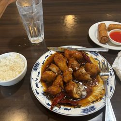 T James China Cafe - Orange chicken and egg rolls