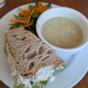 Plenty on Bell - Chicken salad sandwich with hot honey, potato leek soup, and a very delicious bonus side salad - Breakfast & Brunch Near Me - Los Alamos, California Plenty on Bell - Chicken salad sandwich with hot honey, potato leek soup, and a very delicious bonus side salad - Breakfast & Brunch Near Me - Los Alamos, California