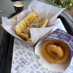 Maxwell Street Polish Sausage with onion rings