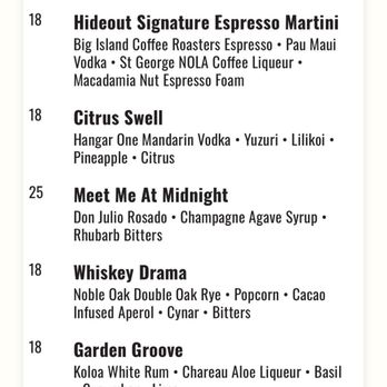 Hideout - Cocktail menu - Bars Near Me - Honolulu, Hawaii