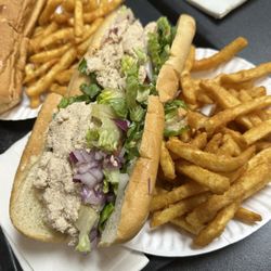 Mike & Sons Sub Shop - Tuna sub with half of the large order of fries.