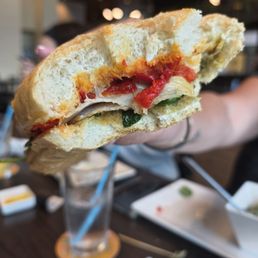 Turkey panini with two thin slices of deli style turkey and no sliced avocado. Definitely not worth $17.50. Turkey panini with two thin slices of deli style turkey and no sliced avocado. Definitely not worth $17.50.