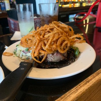 The Library Restaurant & Pub - 8oz filet with stuffed mushroom an onion strings - Steakhouses Near Me - Indianapolis, Indiana The Library Restaurant & Pub - 8oz filet with stuffed mushroom an onion strings - Steakhouses Near Me - Indianapolis, Indiana