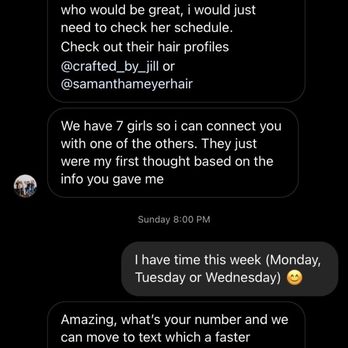 Crafted Collective - IG conversation with Crafted Collective in an attempt to book an appointment. - Hair Salons Near Me - Santa Clarita, California Crafted Collective - IG conversation with Crafted Collective in an attempt to book an appointment. - Hair Salons Near Me - Santa Clarita, California