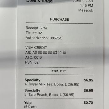 Devil & Angel Desserts - Receipt - Bubble Tea Near Me - Concord, California Devil & Angel Desserts - Receipt - Bubble Tea Near Me - Concord, California