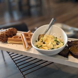 Flynt & Kyndle - Chicken and waffles, scrambled eggs, and carne asada