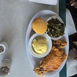Fried turkey chop w collard greens and potatoe salad plus corn bread