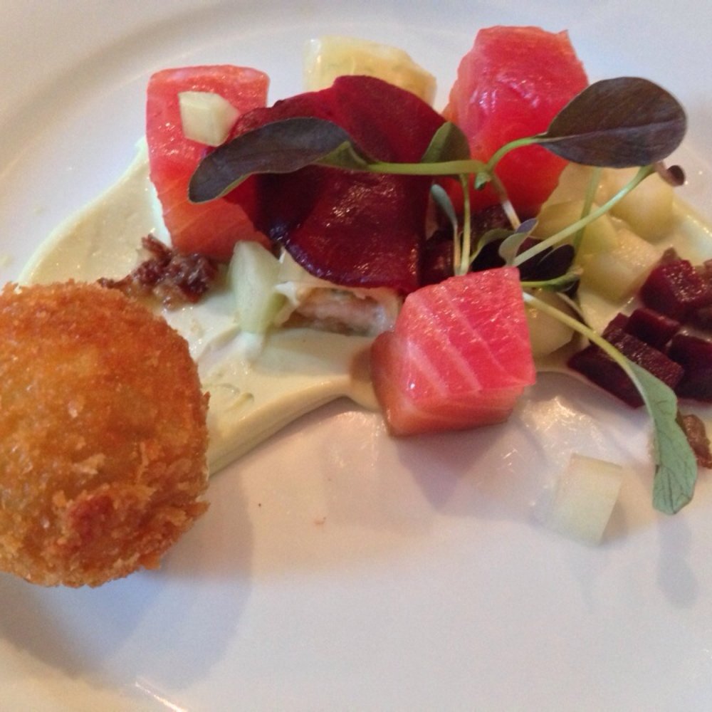 Field - Beetroot Cured Salmon, Avocado Mayonnaise, Beetroot, Passion Fruit "Cannelloni" & Crispy Crab Ball £5.95 - Scottish Near Me - Edinburgh, EDH