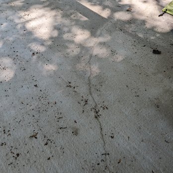 Ampm Construction Inc - Concrete ground with visible crack, scattered dirt, and small leaves, partially shaded by tree shadows, outdoors. - Painters Near Me