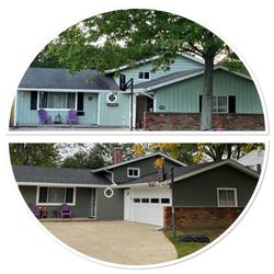 4k Roofing & Restoration - Before (top) and after (below) of the roof, siding, gutters, and downspouts.