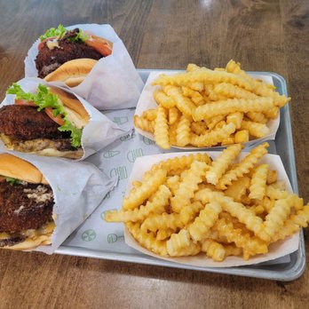 Shake Shack - Three Shack Stacks and two orders of fries - Burgers Near Me - Mississauga, Ontario Shake Shack - Three Shack Stacks and two orders of fries - Burgers Near Me - Mississauga, Ontario