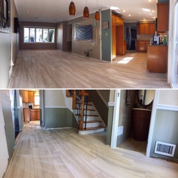 Gaglio Ceramic Tile - Panoramic shots of a first floor we tiled with a light grey wood look tile. - Flooring Near Me - Staten Island, New York
