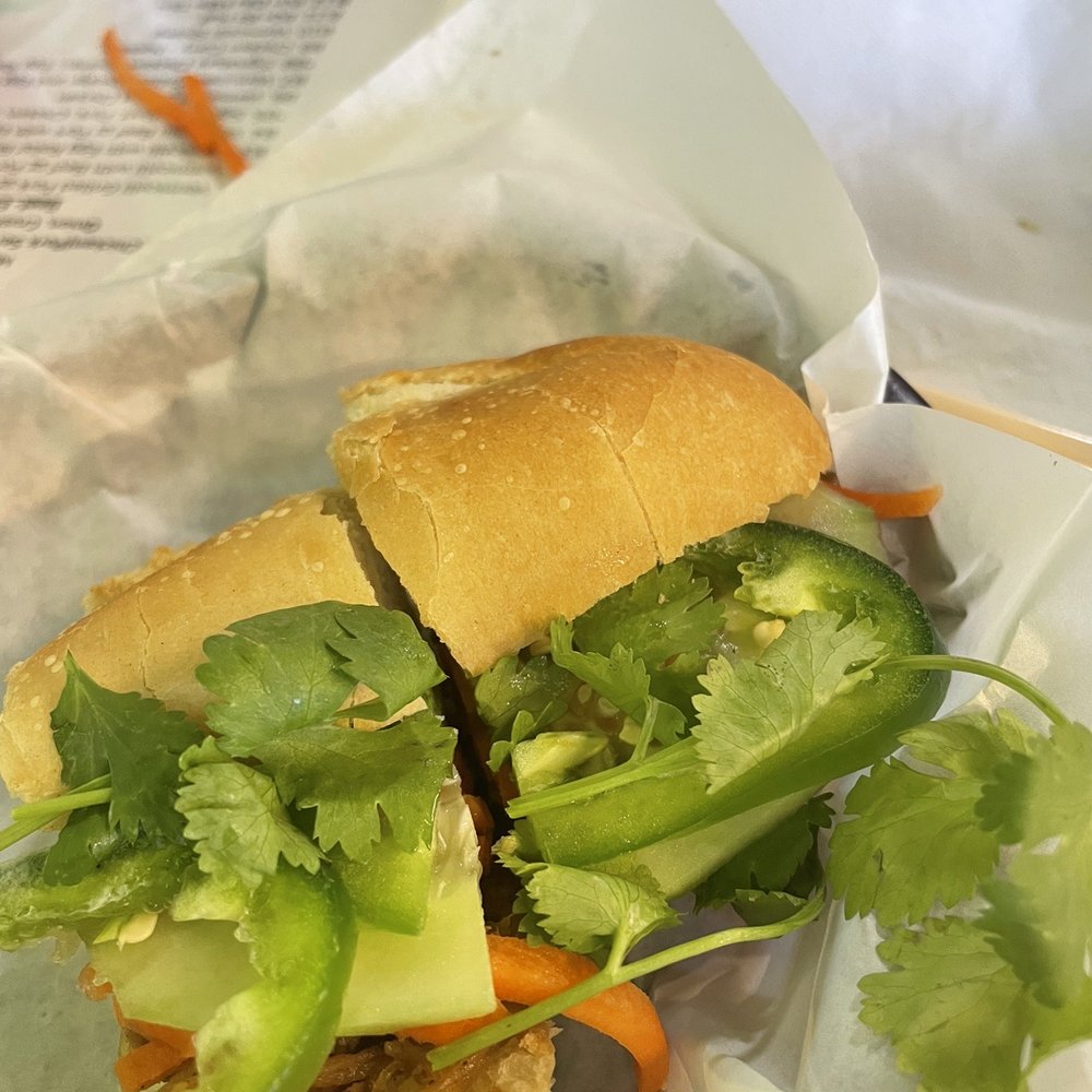 Pho V-Nam - Baguette Bake Shredded Chicken Banh Mi-had already eaten half! - Vietnamese Near Me - Tulsa, Oklahoma Pho V-Nam - Baguette Bake Shredded Chicken Banh Mi-had already eaten half! - Vietnamese Near Me - Tulsa, Oklahoma