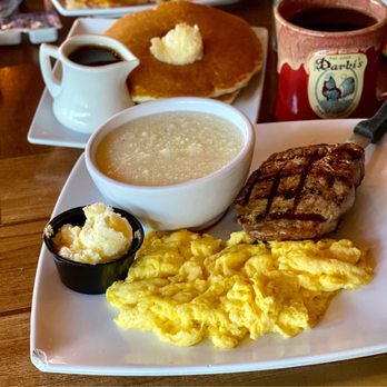 Darbi's Cafe - Steak and eggs breakfast with grits and pancakes. - American Near Me - Pinetop, Arizona Darbi's Cafe - Steak and eggs breakfast with grits and pancakes. - American Near Me - Pinetop, Arizona