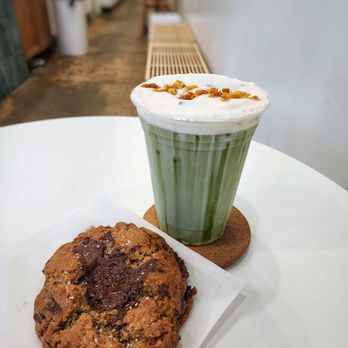 Camp Cove - Chocolate Chunk Cookie (front) & Iced Honeycomb Matcha (back) - Cafes Near Me - Sacramento, California