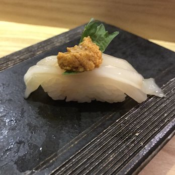Sushi Kashiba - Squid with uni and mint leaf - Japanese Near Me - Seattle, Washington Sushi Kashiba - Squid with uni and mint leaf - Japanese Near Me - Seattle, Washington