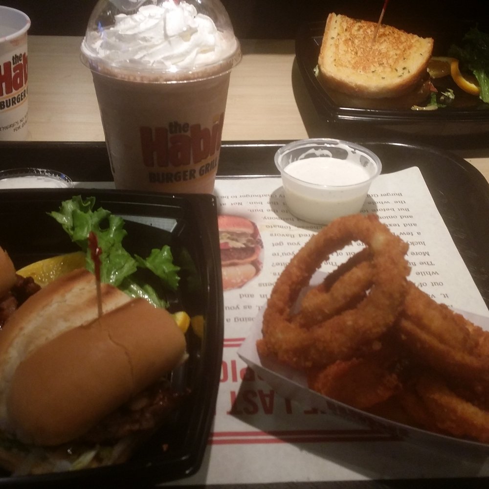 Habit Burger & Grill - Tri Tip with grilled onions, onion rings, and a chocolate milk shake. - Burgers Near Me - Temecula, California Habit Burger & Grill - Tri Tip with grilled onions, onion rings, and a chocolate milk shake. - Burgers Near Me - Temecula, California