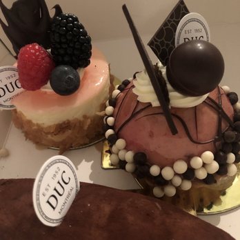 Duc de Lorraine - From Left to Right: Raspberry Cheesecake, Raspberry Mousse and Grand Marnier Marzipan - French Near Me - Montreal, Quebec Duc de Lorraine - From Left to Right: Raspberry Cheesecake, Raspberry Mousse and Grand Marnier Marzipan - French Near Me - Montreal, Quebec