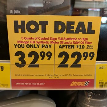 Advance Auto Parts - You can get five bottles of Castrol full synthetic motor oil for only $22.99 after mail-in rebate and during a special time. Great deal. - Auto Parts & Supplies Near Me - Atlanta, Georgia Advance Auto Parts - You can get five bottles of Castrol full synthetic motor oil for only $22.99 after mail-in rebate and during a special time. Great deal. - Auto Parts & Supplies Near Me - Atlanta, Georgia