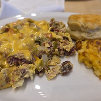 The Toasted Yolk Cafe - Brisket Scamble with Hasbrown Casserole - Breakfast & Brunch Near Me - Round Rock, Texas The Toasted Yolk Cafe - Brisket Scamble with Hasbrown Casserole - Breakfast & Brunch Near Me - Round Rock, Texas