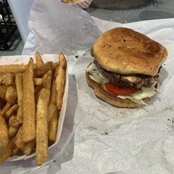 Grumps Burgers - Swiss Mushroom burger with spicy fries. Let's eat!